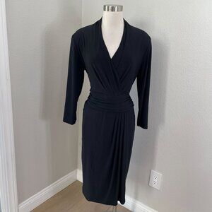 Chaps Womens XL Black Faux Wrap Dress Stretch Long Sleeve V Neck